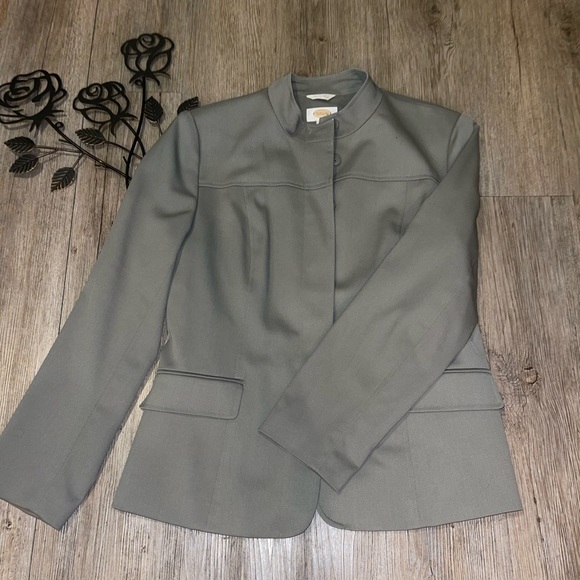 Talbots Jackets & Blazers - TALBOTS Womens Blazer RetroGray Hidden Buttons Band Collar Made in Italy Size 12
